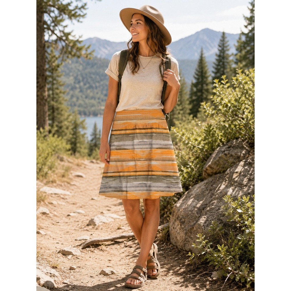 prAna Striped A-Line Skirt Large Orange Gray‎ Boho Outdoor Gorpcore Organic